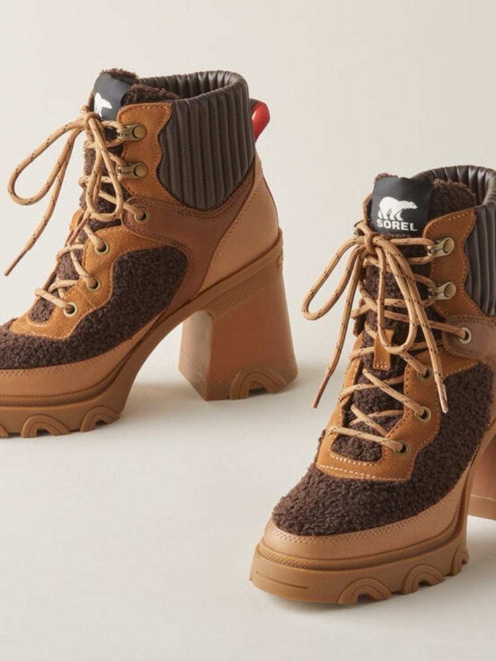 Sorel Women's Brown and Tan Mixed-Material Lace-Up Block Heel Boots